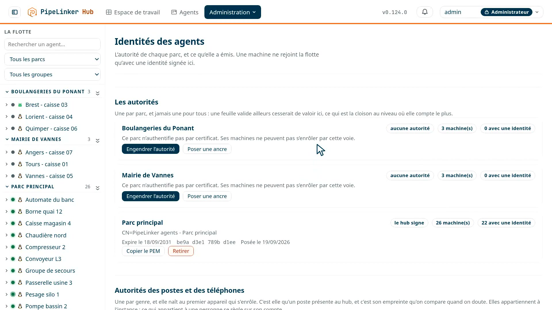 L'ancre d'un parc, et les certificats de ses agents